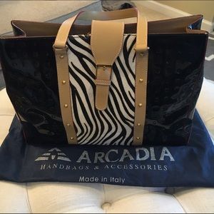 Arcadia patent and calf hair tote